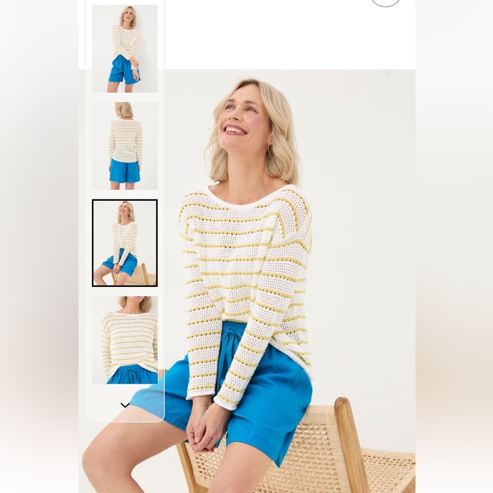Fat Face Kalani Crochet Cotton Sweater Stripe Jumper Yellow Crew Preppy Light 10